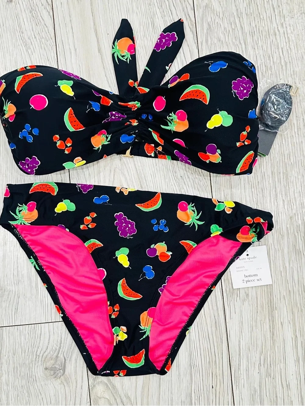 kate spade Black Bandeau Bikini with Multicolor Fruit Print size M